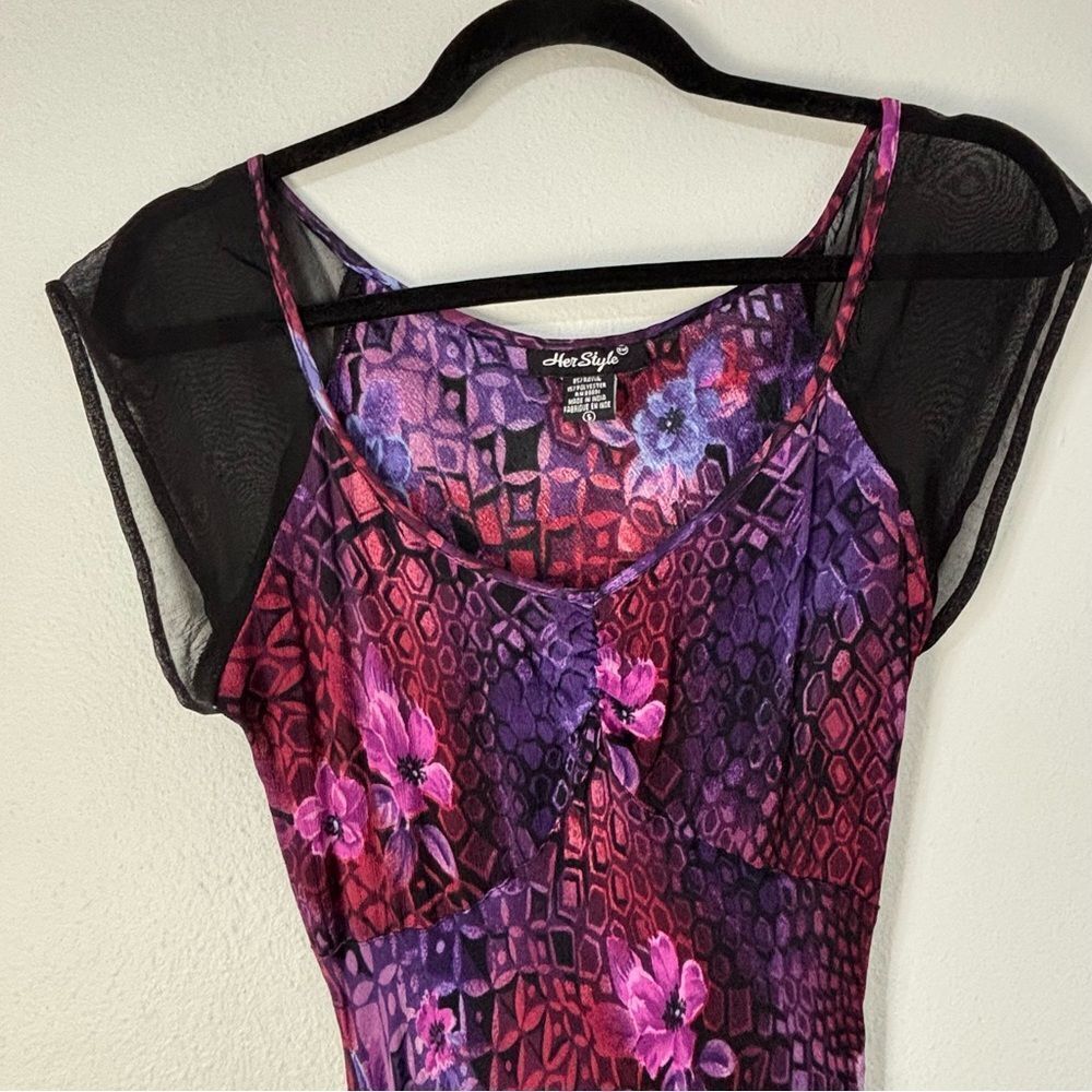HERSTYLE Purple Black Asian Floral Print Maxi Dress S Y2K Fairy Whimsi Babydoll‎ - Picture 7 of 14